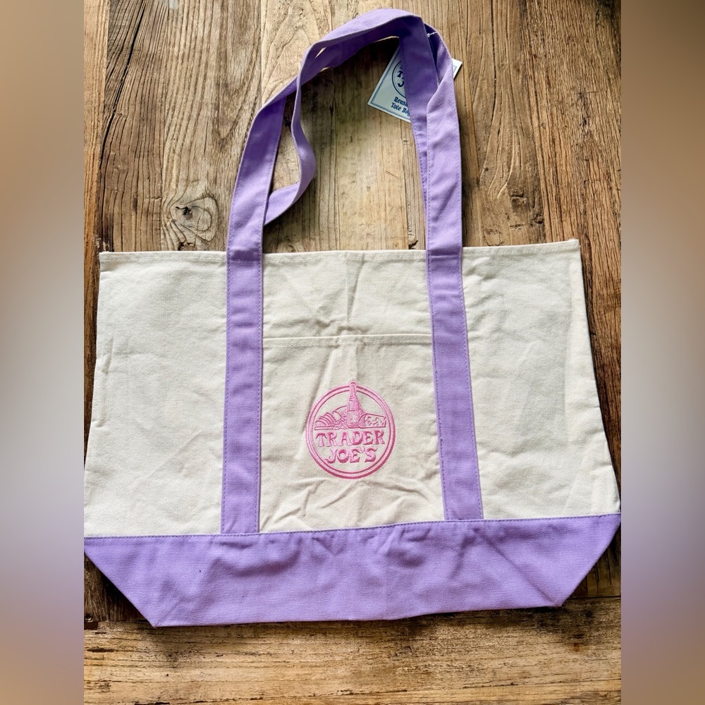 Trader Joe's Cream and Lavender Canvas Tote Bag